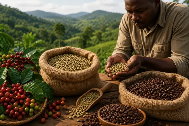 Ugandan premium coffee beans with coffee cherries and farm