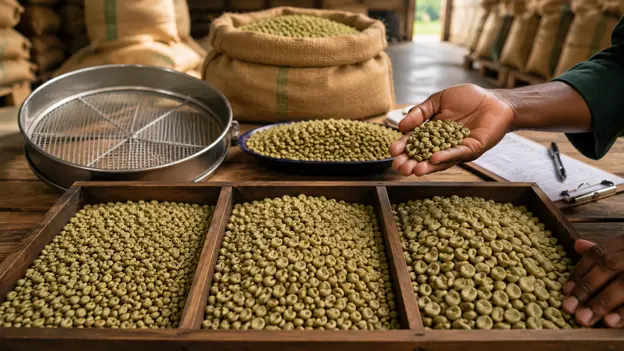 Ugandan green coffee beans sorted by screen grades for export quality inspection