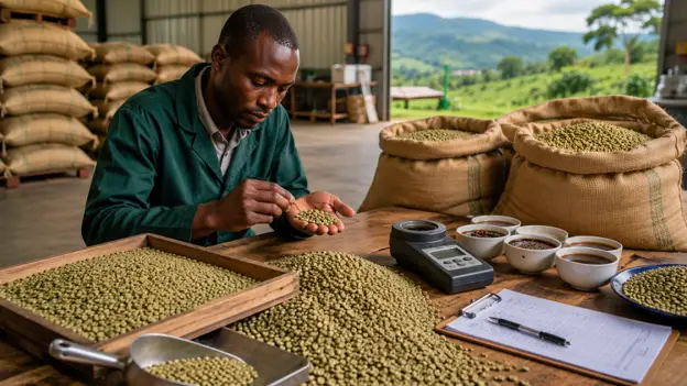 Expert inspecting Ugandan green coffee beans for quality and export