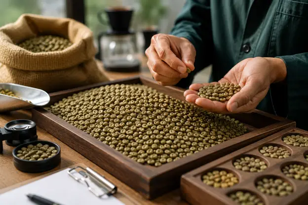 Arabica Coffee AA grade beans being inspected for quality