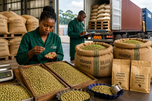 Ugandan export coffee beans prepared for international buyers and export