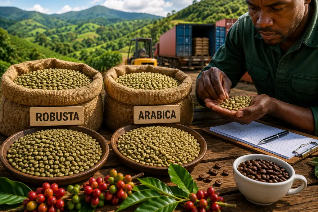 Coffee buyer inspecting Ugandan Robusta and Arabica green coffee
