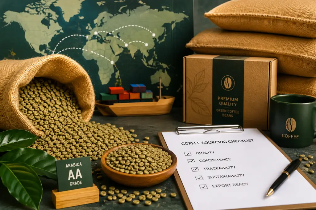 Coffee buyer inspecting premium Arabica AA green coffee beans for export